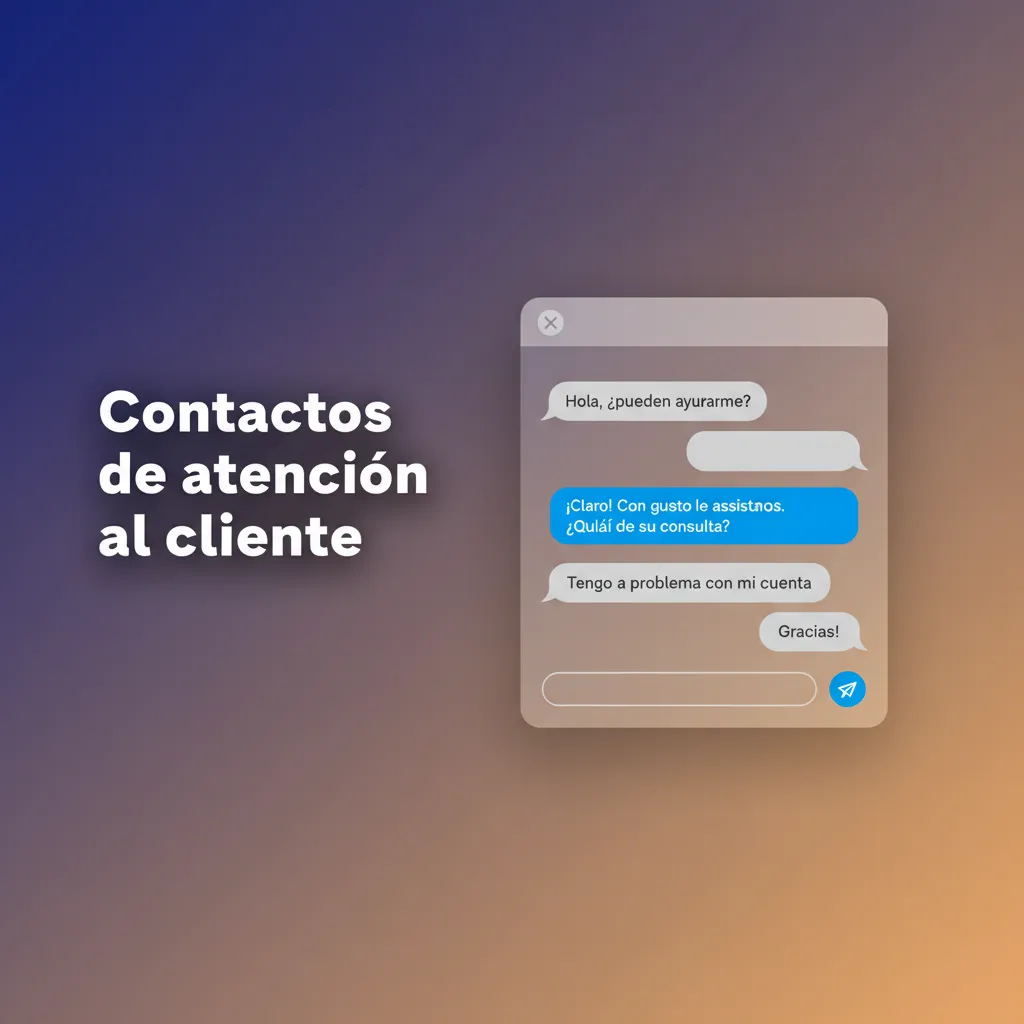 Pantalla de atención al cliente con opciones de soporte: chat en vivo, centro de ayuda, correo y formulario de contacto.