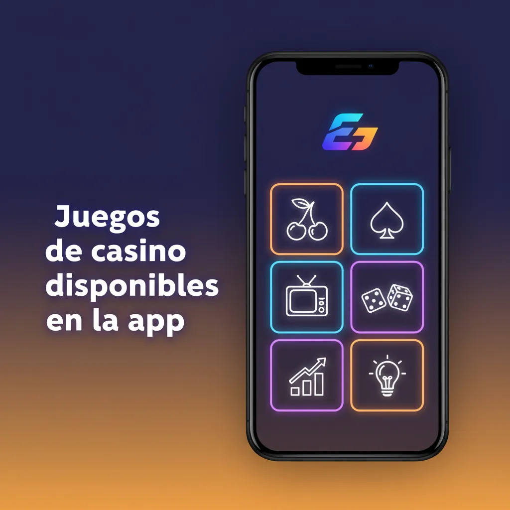 Pantalla de la app móvil con lobby de casino: tragamonedas, ruleta, blackjack, baccarat, game shows, video póker y jackpots.