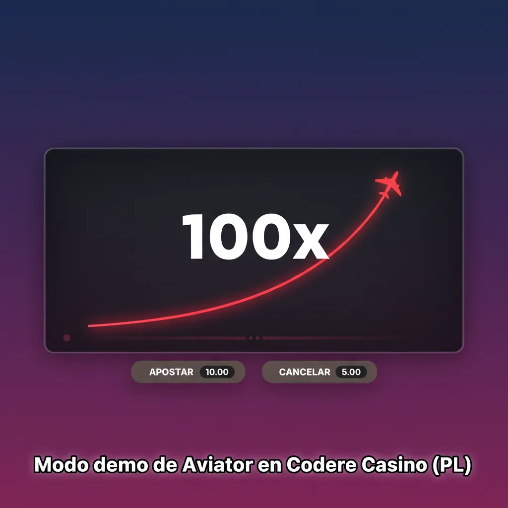 Pantalla del modo demo de Aviator en Codere Casino (PL) con avión y multiplicador, saldo virtual y botón de retiro
