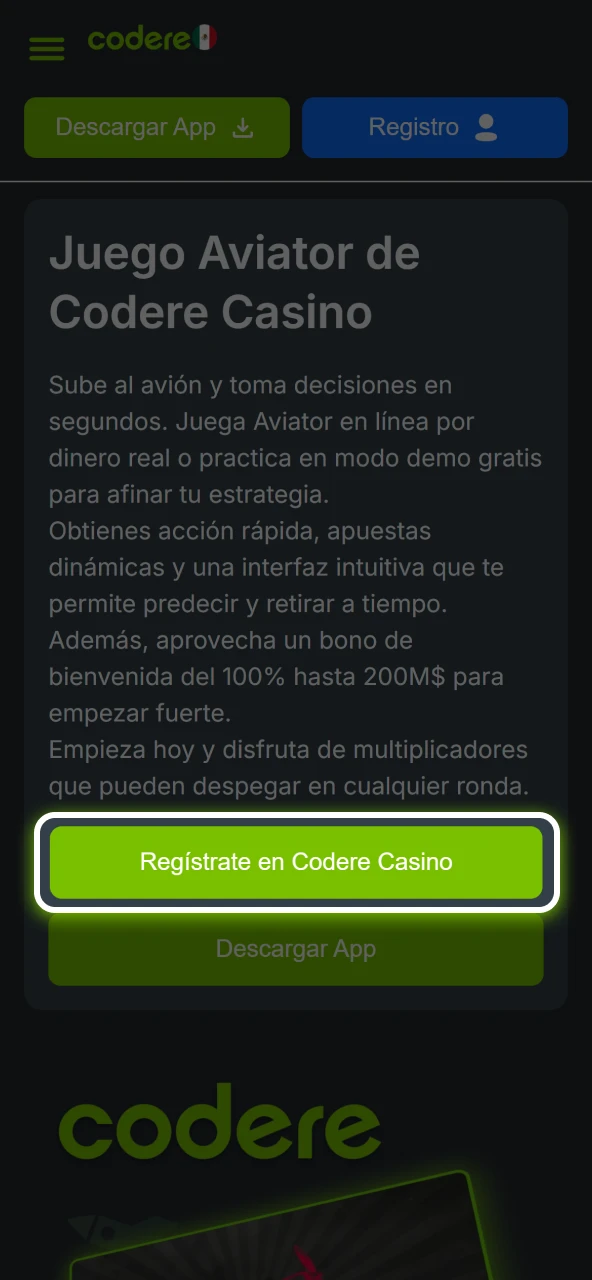 Inicia sesión en tu cuenta de Codere para acceder a Aviator rápidamente.