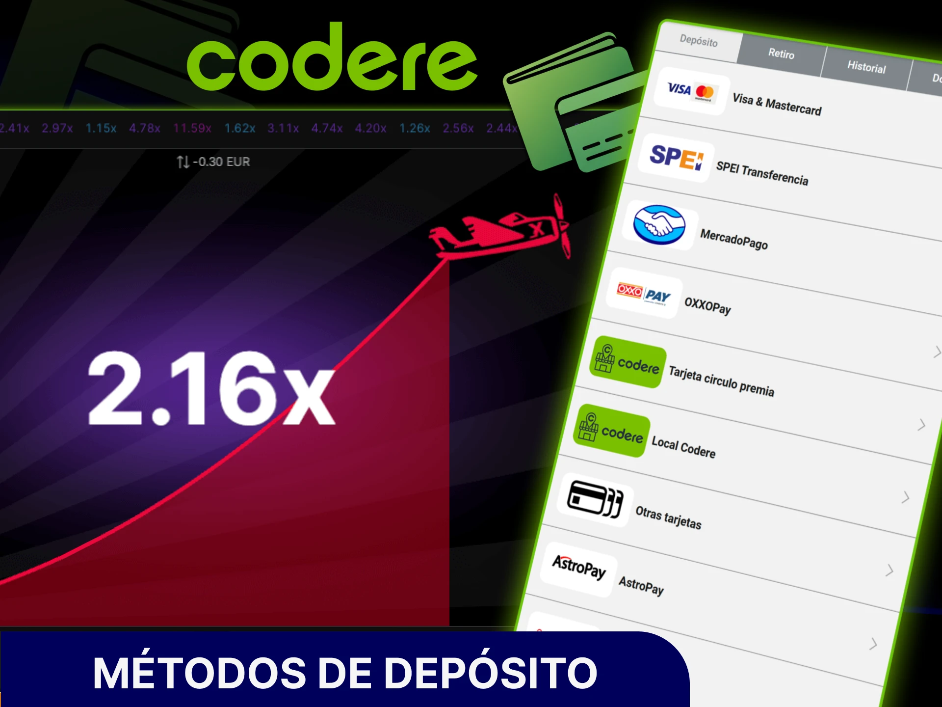 Usa métodos de depósito seguros para jugar Aviator en Codere Casino oficial.