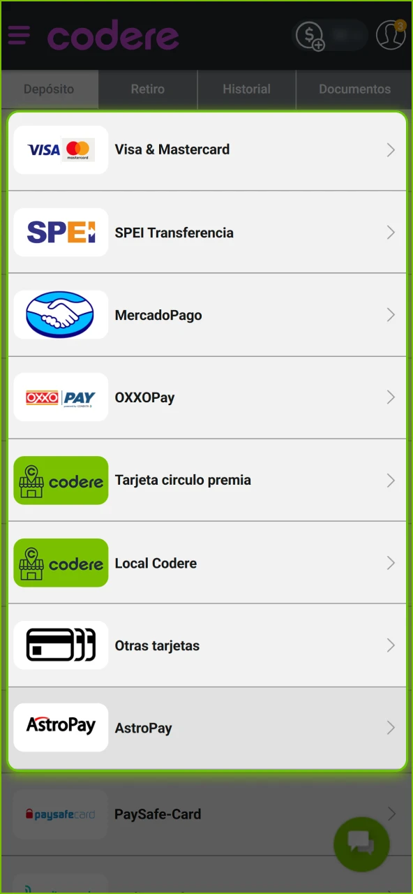 Realiza un depósito usando métodos locales en el sitio oficial de Codere Casino.