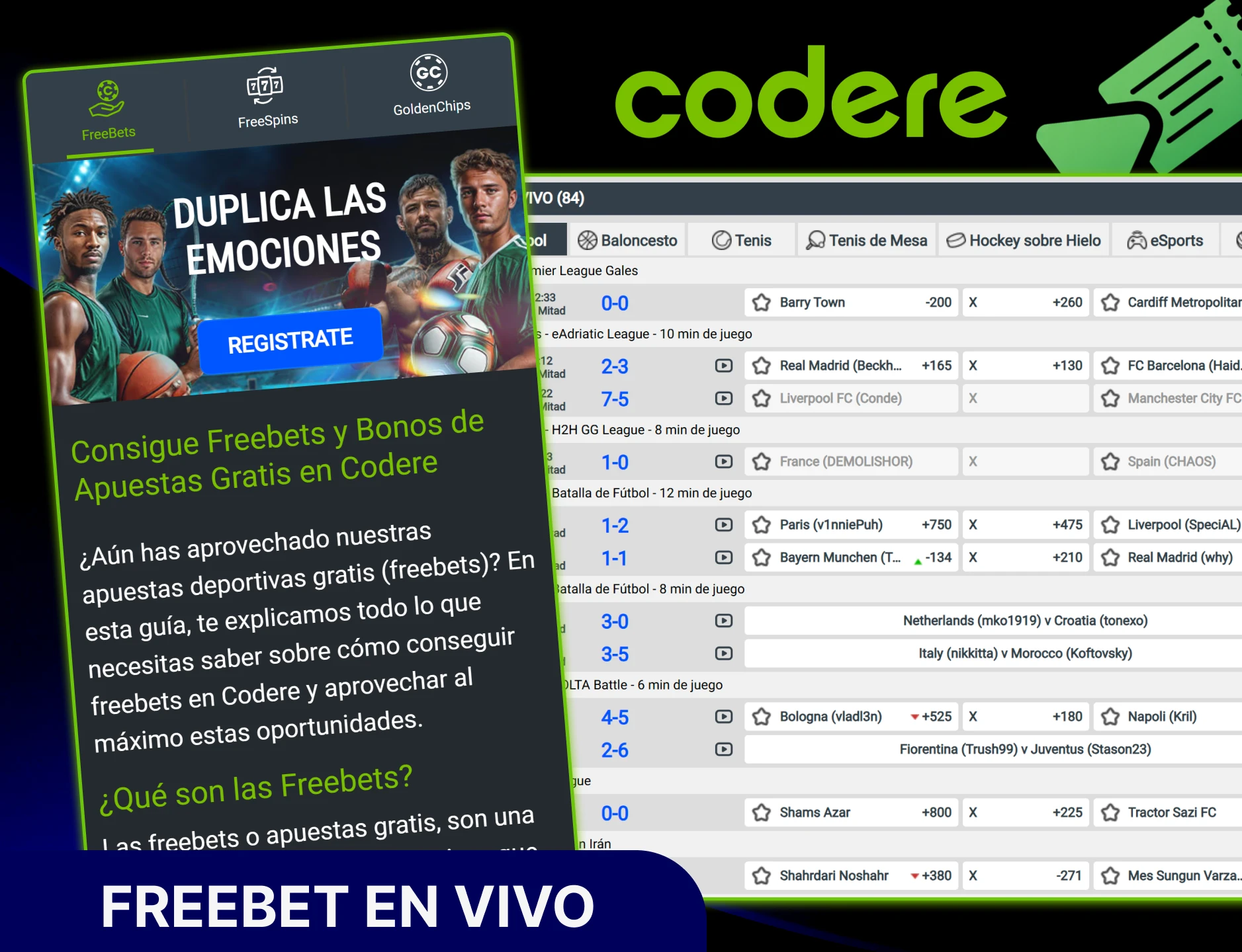 Obtén tu freebet en vivo para apuestas deportivas en Codere Casino oficial.