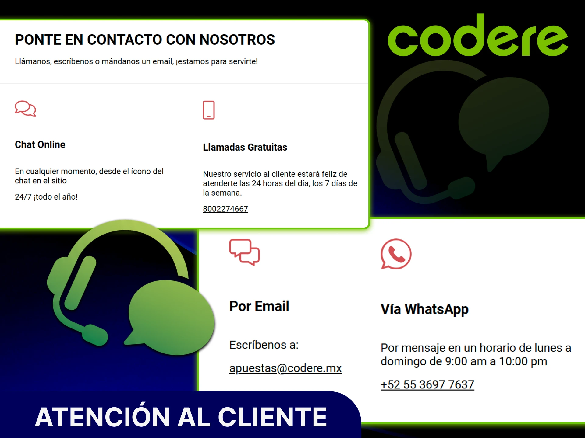 Contacta al servicio de atención al cliente en el sitio oficial de Codere Casino.