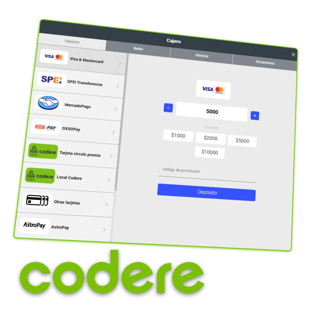 Explora los métodos de depósito disponibles en el sitio oficial de Codere Casino México.