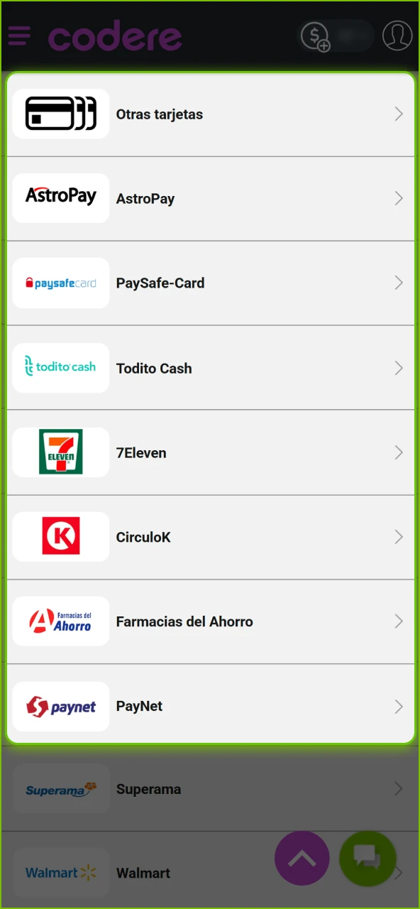 Elige el método de pago disponible en el sitio oficial de Codere Casino.