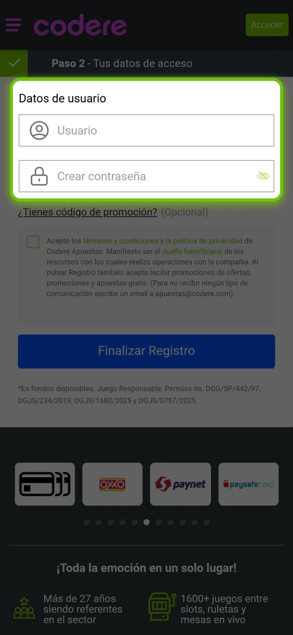 Completar datos personales durante el registro en Codere Casino.