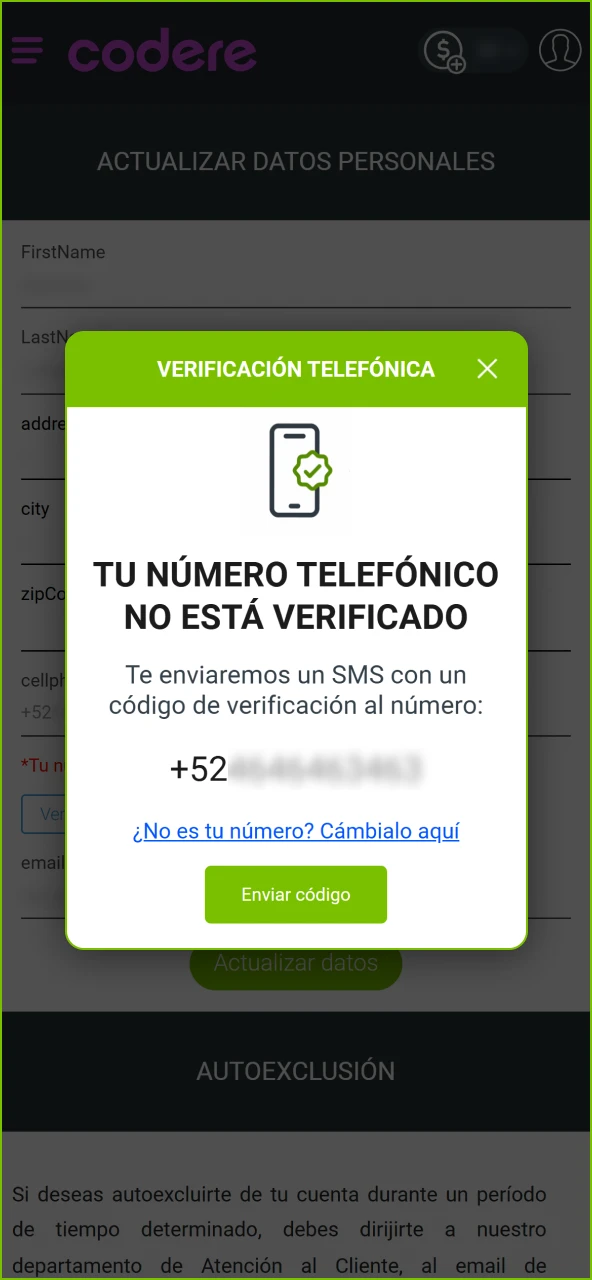 Verifica tu identidad si es requerida en Codere Casino.