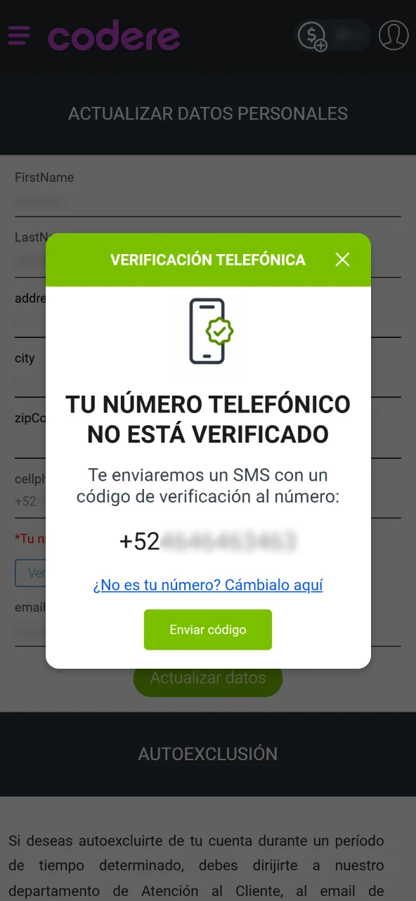 Confirmar cuenta de Codere Casino verificando correo electrónico o mensaje SMS.
