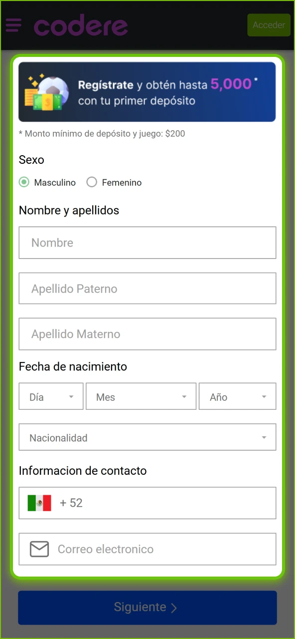 Regístrate y acepta los términos del bono en Codere Casino.