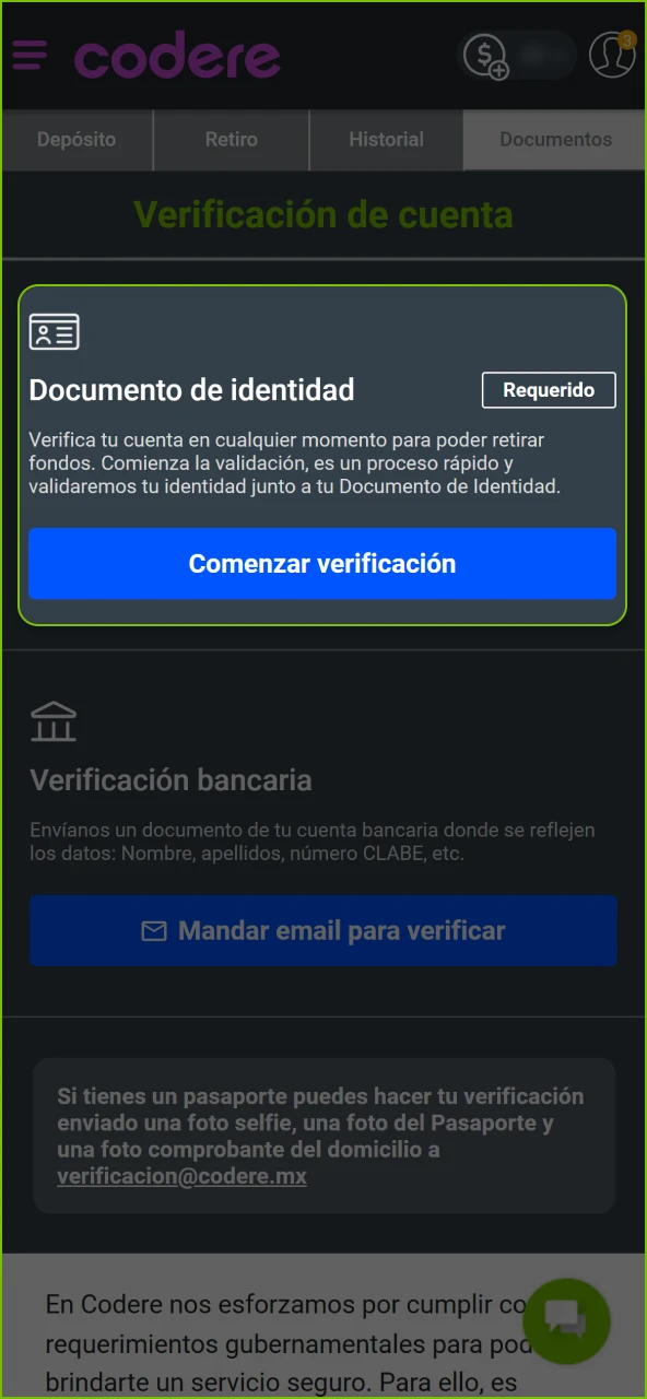 Sube tu identificación oficial para verificar tu cuenta en Codere Casino oficial.
