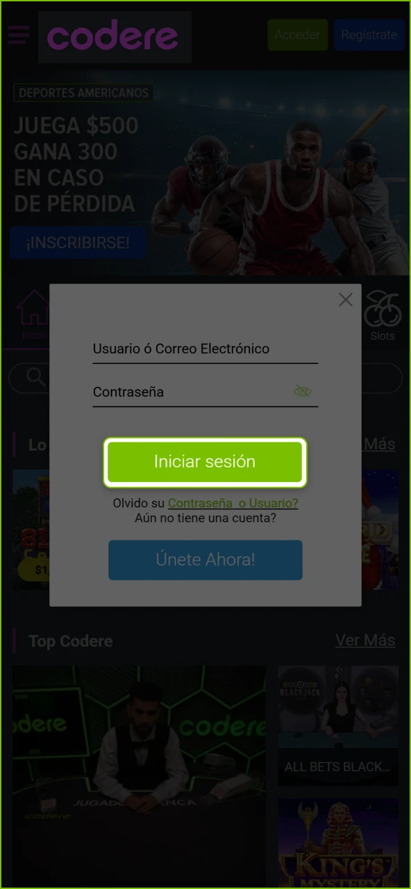 Confirma el acceso con un código de seguridad en Codere Casino.