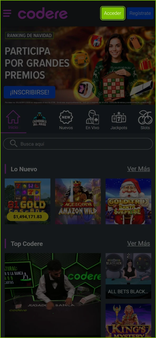 Inicia sesión en tu cuenta de Codere Casino con tus datos registrados.