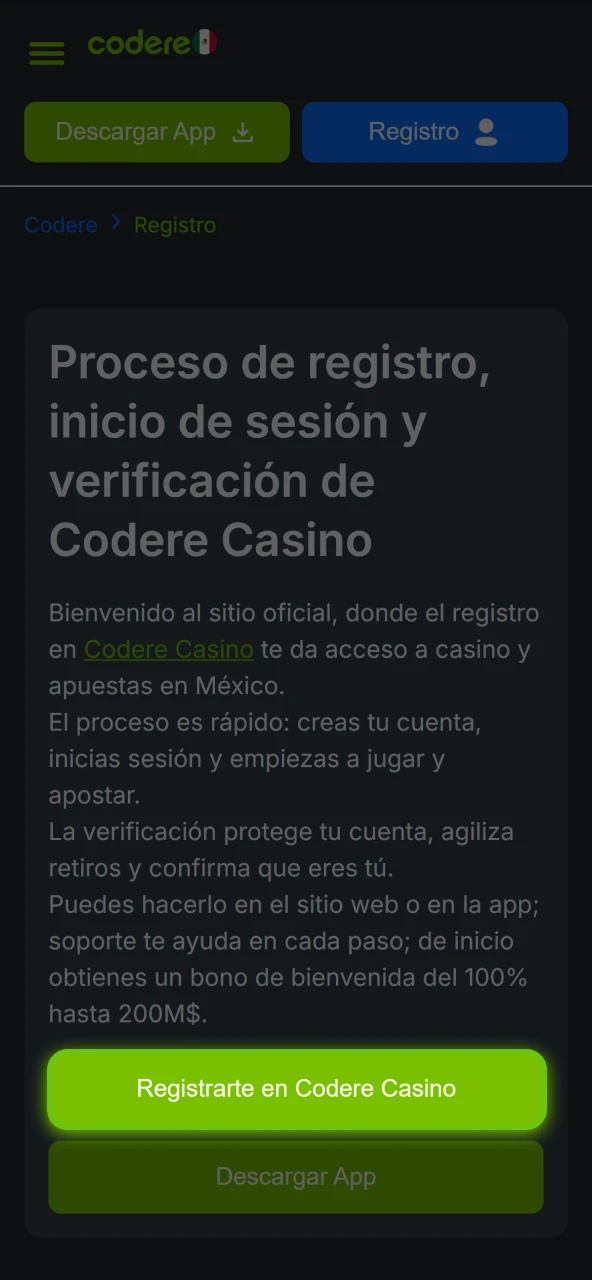 Inicio del registro en Codere Casino haciendo clic en el botón principal.