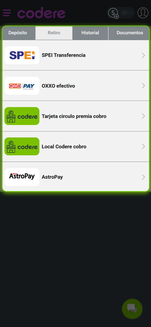 Selecciona el método de retiro y monto en tu cuenta oficial de Codere.