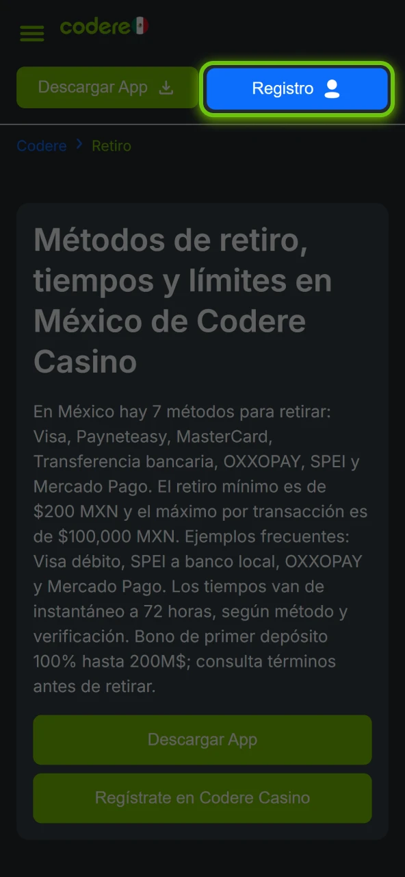 Accede a tu cuenta desde el sitio o la app oficial de Codere Casino para iniciar el retiro.