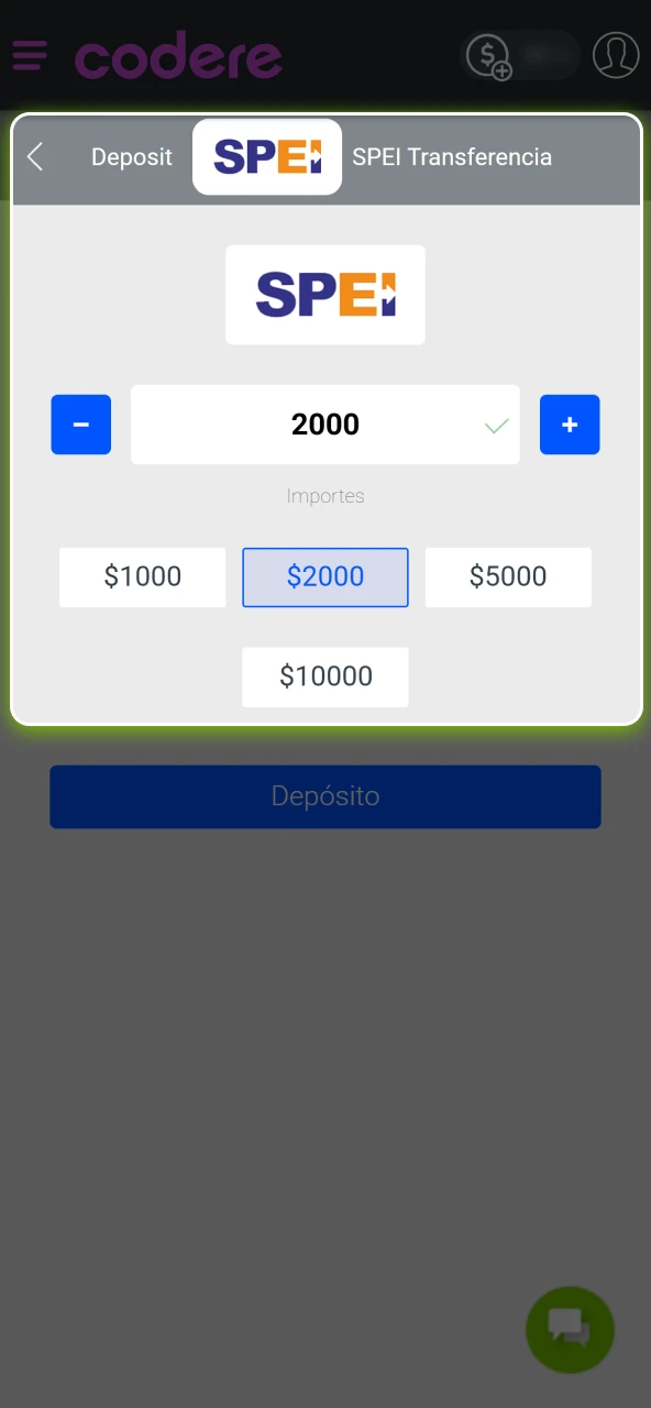 Realiza tu depósito ingresando el monto y confirmando, incluyendo cualquier bono aplicable en Codere Casino.