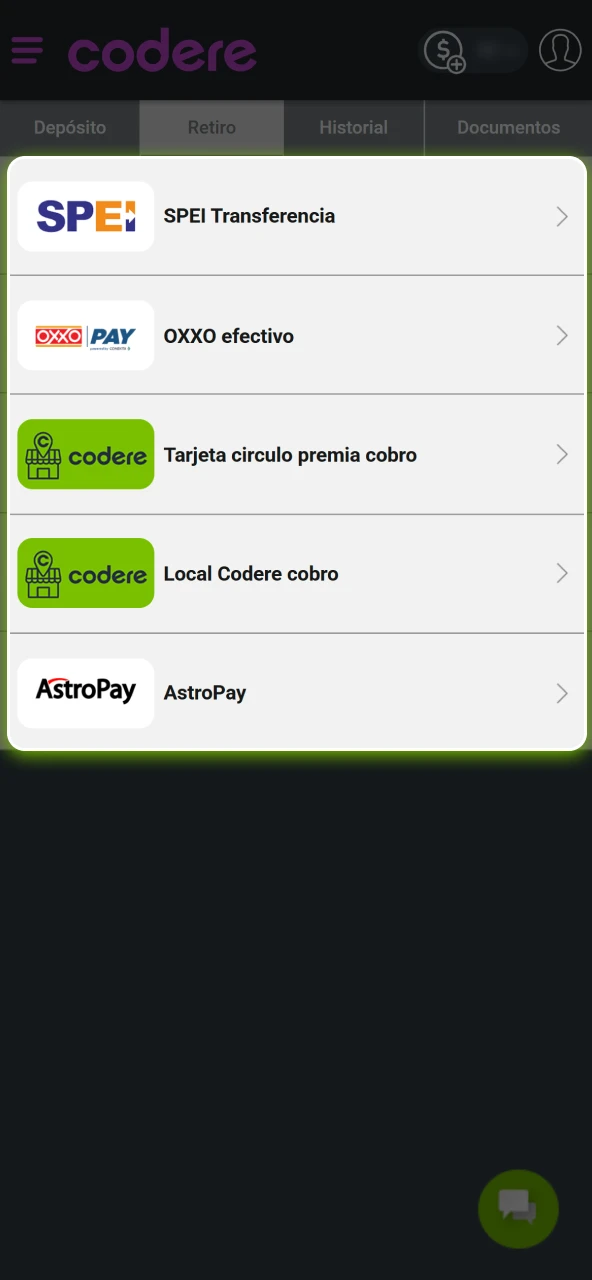 Retira tus ganancias seleccionando método de retiro y confirmando en la Caja del sitio oficial Codere Casino.