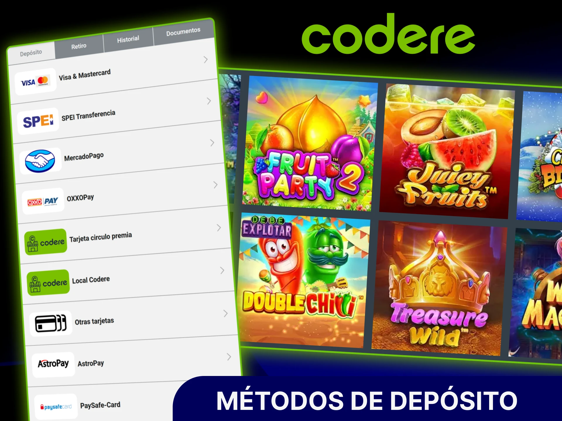 Realiza depósitos y retiros seguros usando métodos oficiales en Codere Casino.