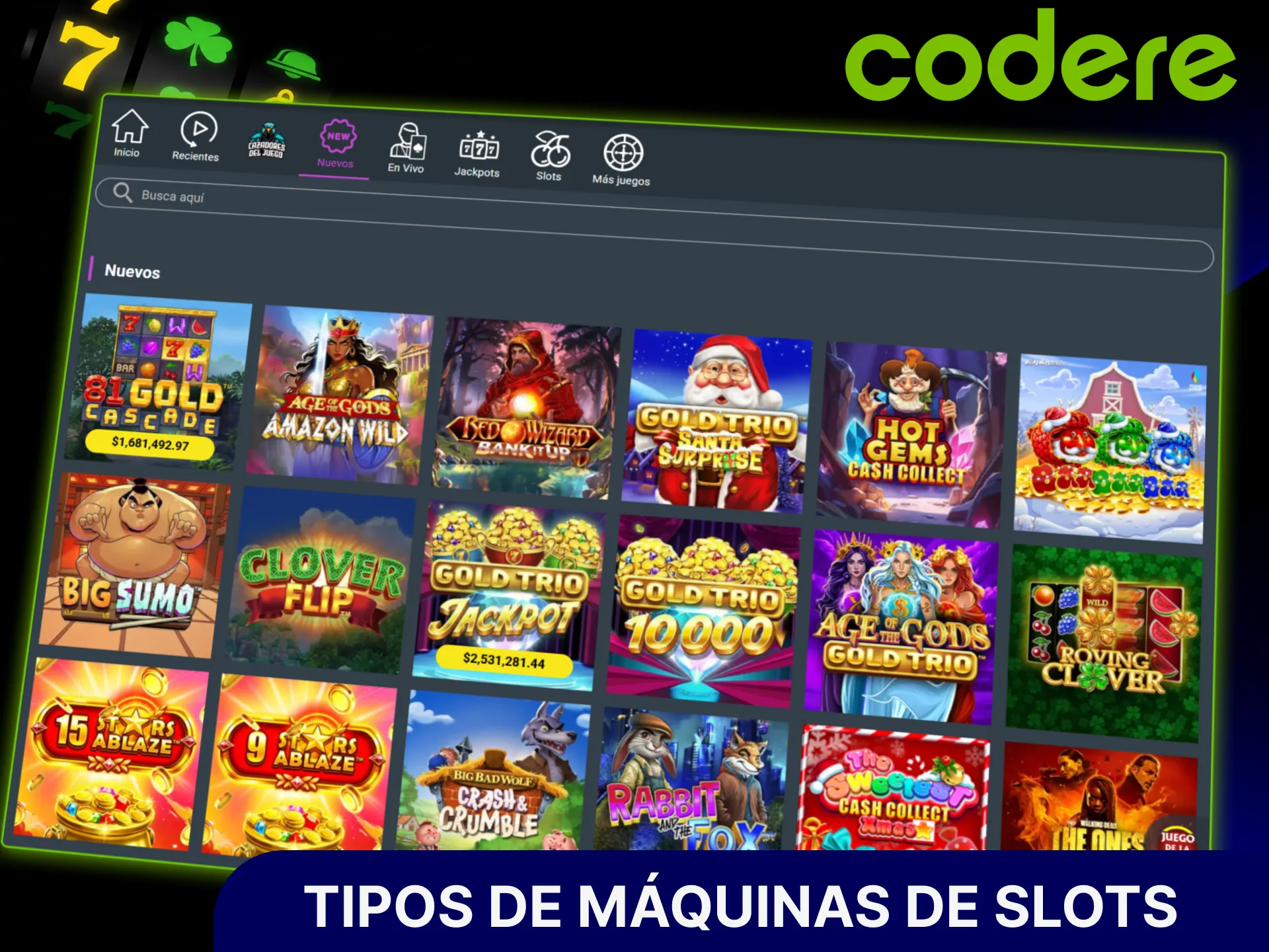 Tipos de máquinas tragamonedas disponibles para jugar en el sitio oficial de Codere Casino.