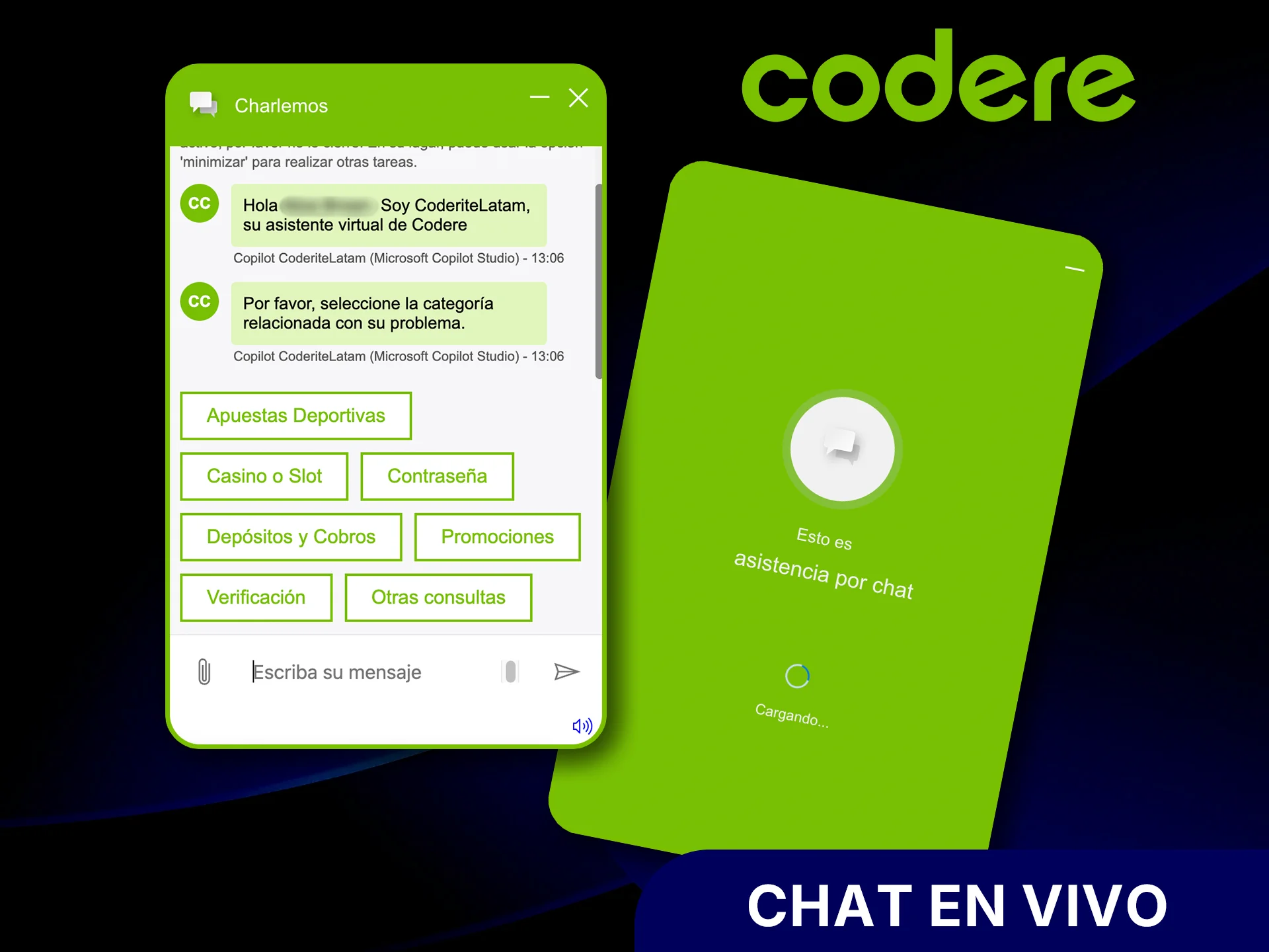 Escribe al chat en vivo de Codere y recibe ayuda rápida.