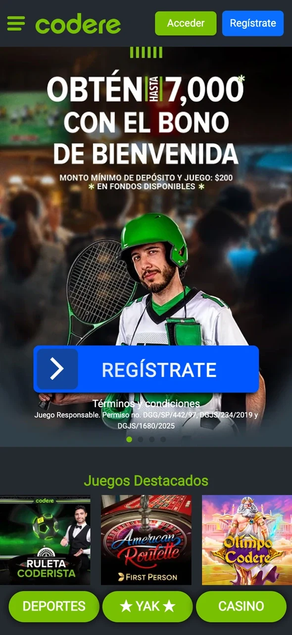 Abre la app de Codere para comenzar tu registro.